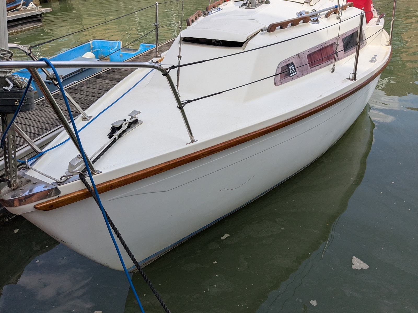 Space Invader's bow, moored alongside the pontoon
